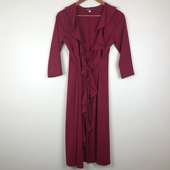 Wine Flounce Ruffle Wrap Quarter Sleeve Midi Dress - Picture 2 of 5